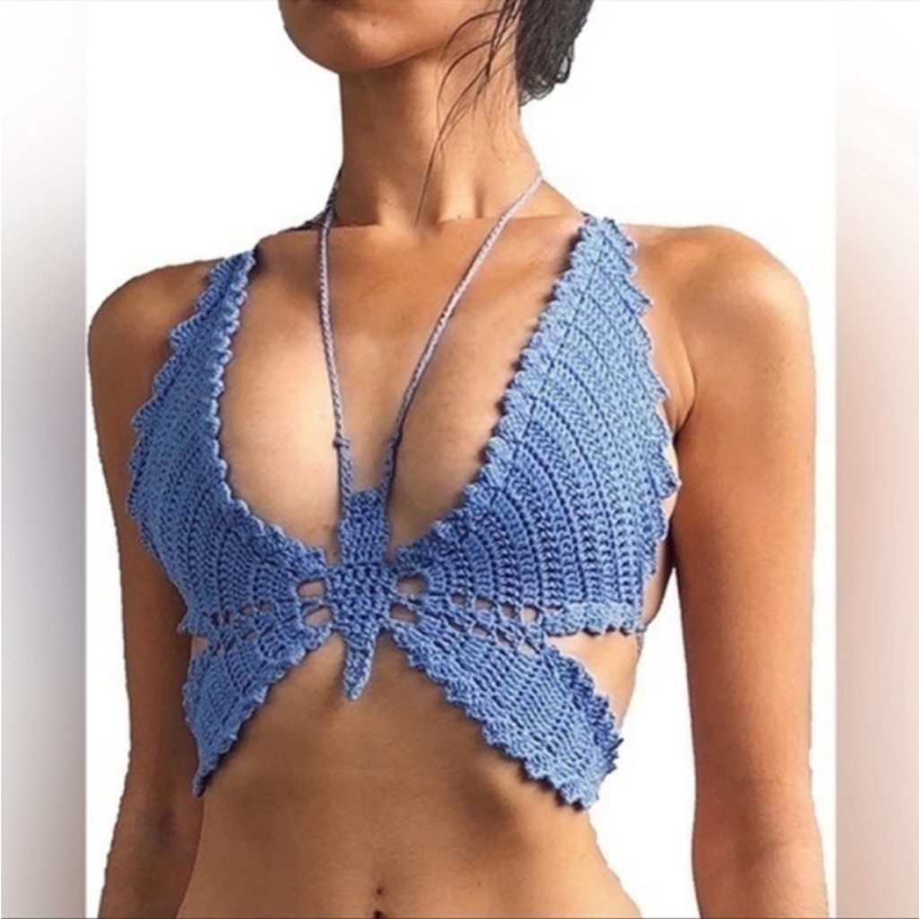 Zara Blue Butterfly Crochet Knit Top